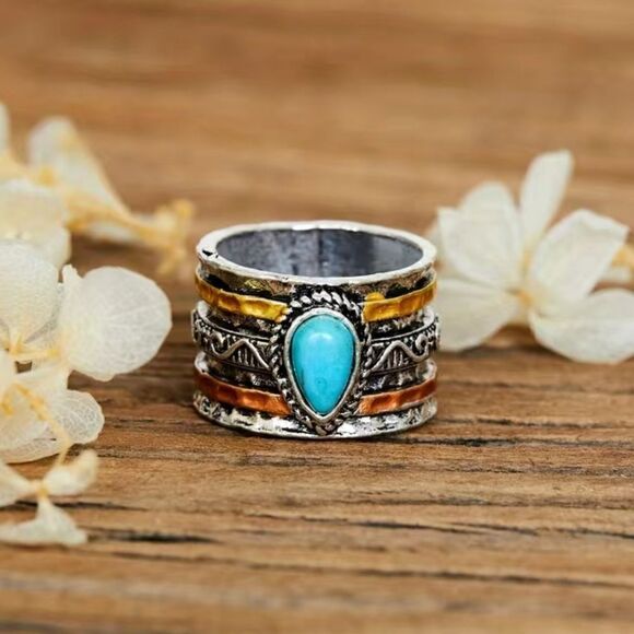 Vintage Wide Style Ring with Turquoise Color Stone Inlays - Picture 3 of 9